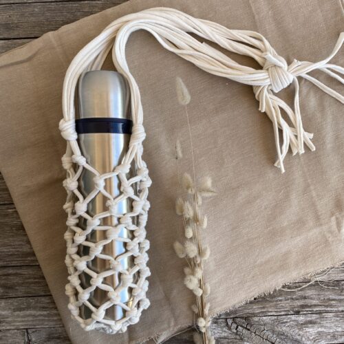 Flaschenhalter, Bottleholder, Makramee, natur, kurzer Henkel, Textilgarn