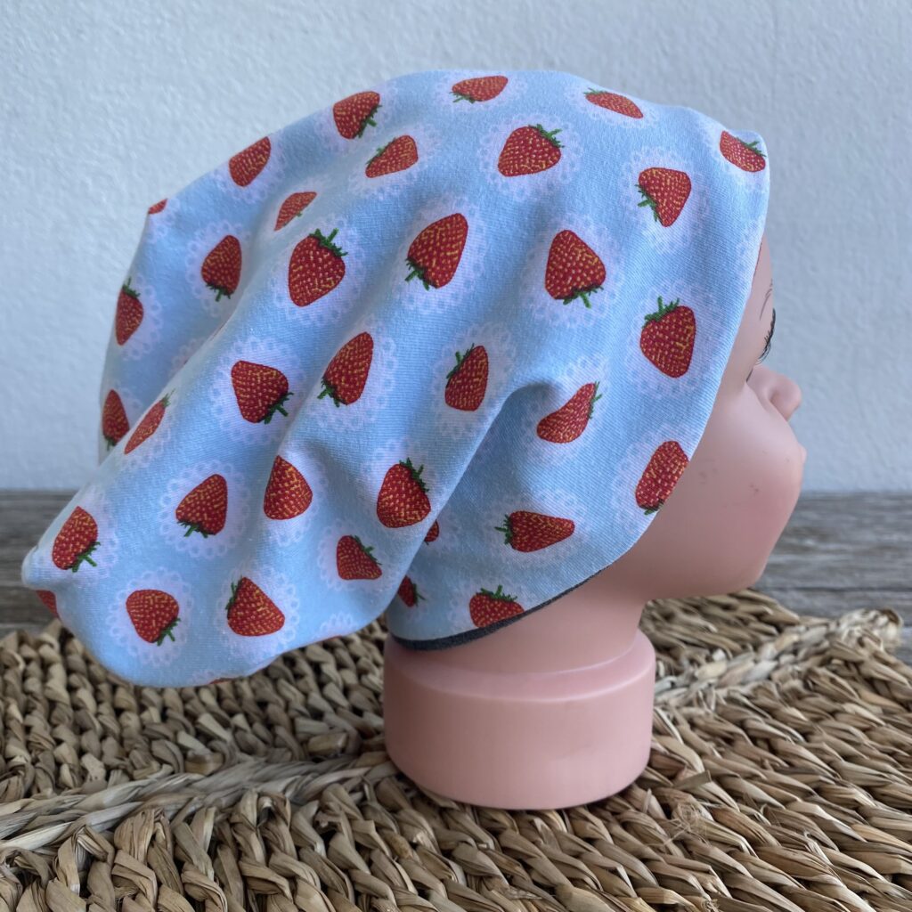 Beanie, Mütze, Kindermütze, Jersey doppellagig, Hellblau/ Erdbeere, Gr 48-50
