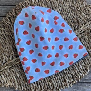 Beanie, Mütze, Kindermütze, Jersey doppellagig, Hellblau/ Erdbeere, Gr 48-50