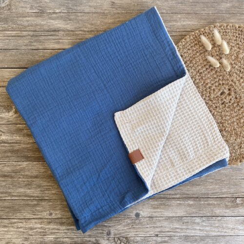Babydecke, Krabbeldecke, Waffelpiqué/ Musselin, beige/ blau, 70 x 70 cm, personalisierbar