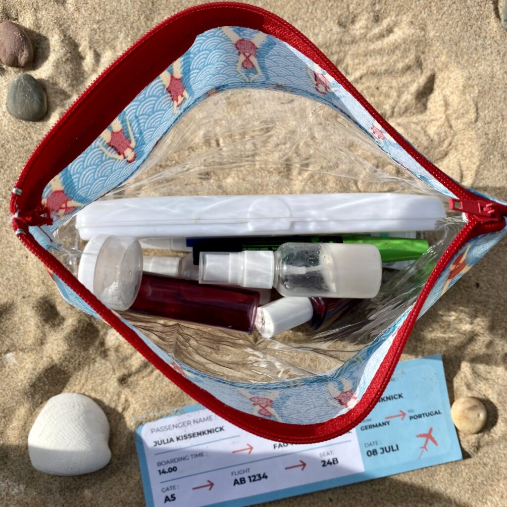 transparentes Wetbag/ Kulturbeutel für Flüssigkeiten für das Handgepäck im Flugzeug, Motiv: Schwimmen