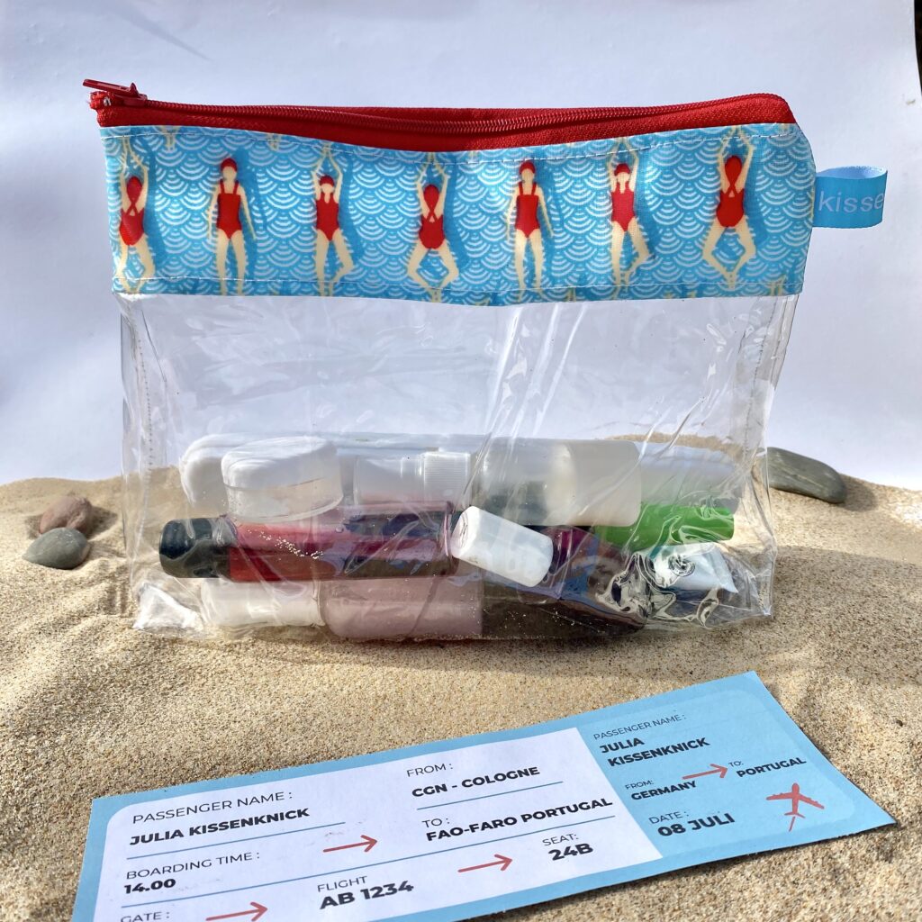 transparentes Wetbag/ Kulturbeutel für Flüssigkeiten für das Handgepäck im Flugzeug, Motiv: Schwimmen