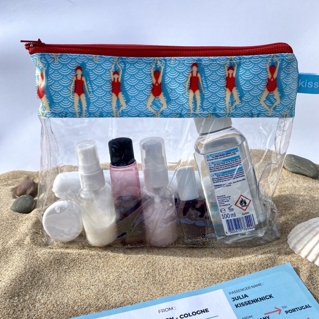 transparentes Wetbag/ Kulturbeutel für Flüssigkeiten für das Handgepäck im Flugzeug, Motiv: Schwimmen
