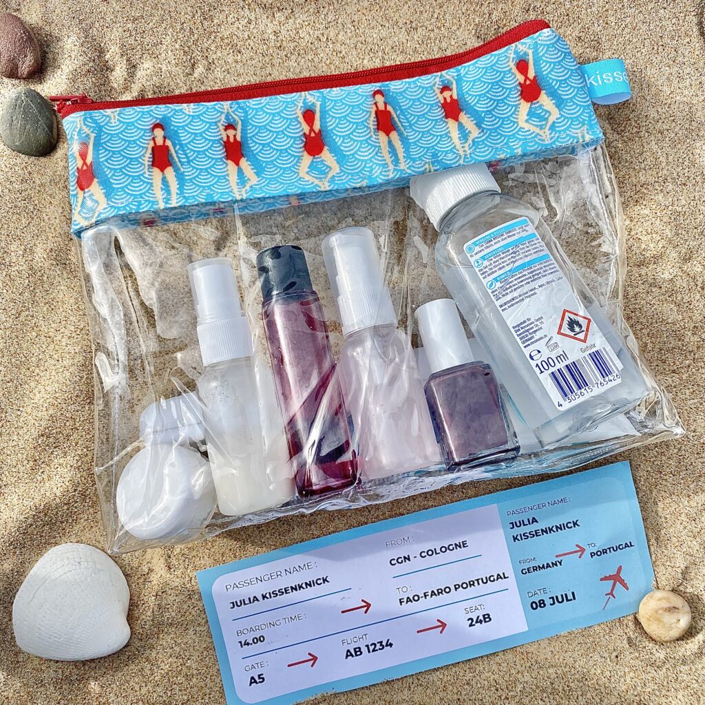 transparentes Wetbag/ Kulturbeutel für Flüssigkeiten für das Handgepäck im Flugzeug, Motiv: Schwimmen