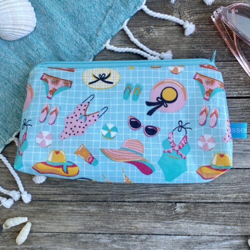 Wetbag/ Kosmetiktasche aus beschichteter Baumwolle, wasserabweisend,Motiv: Badekleidung, Strandzubehör