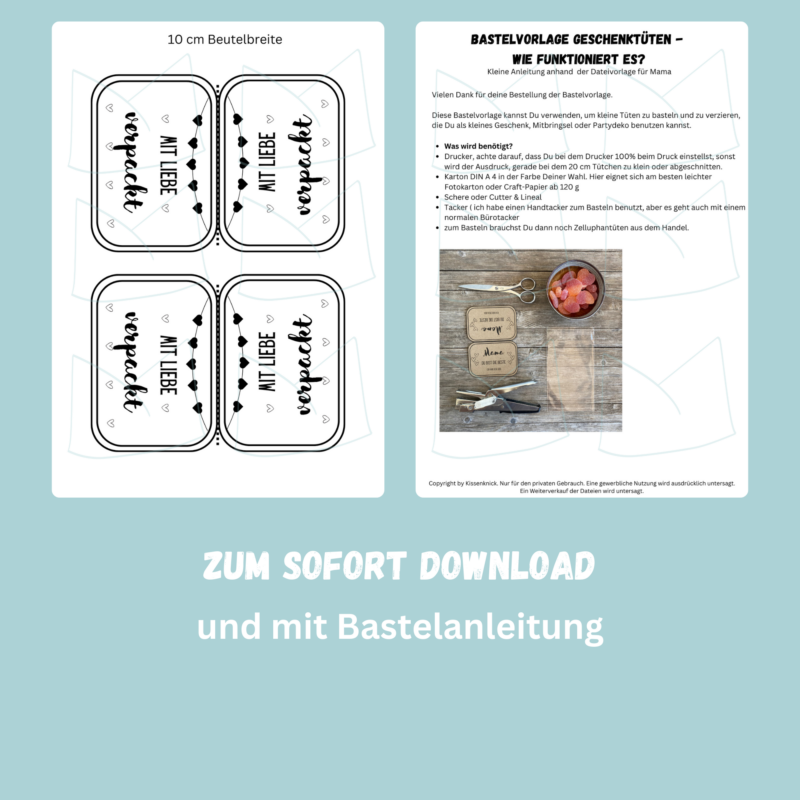 Bastelvorlage Geschenktüte, Tütenklappe - Mit Liebe verpackt - 3 Größen - Digitaler Download PDF