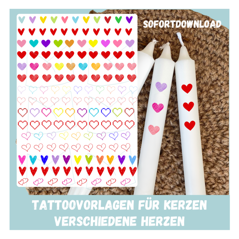 Kerzentattoo Vorlage mit bunten Herzen - für Kerzen - DIY Druckvorlage - Download