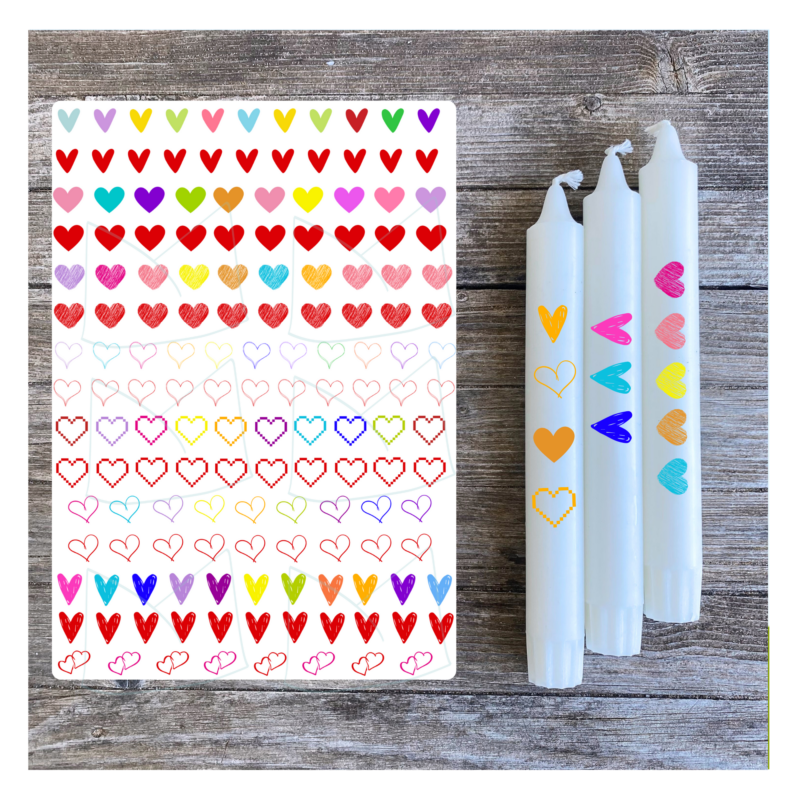 Kerzentattoo Vorlage mit bunten Herzen - für Kerzen - DIY Druckvorlage - Download