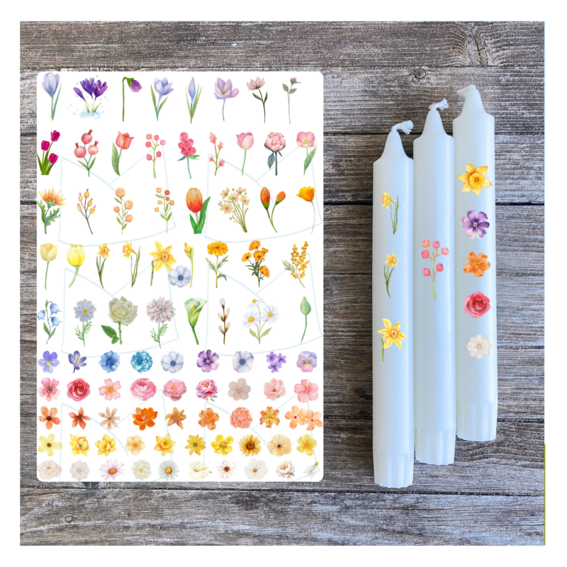 Kerzentattoo Vorlage bunte Blumen, Frühlingsblumen - Druckvorlage zum selber basteln - Download