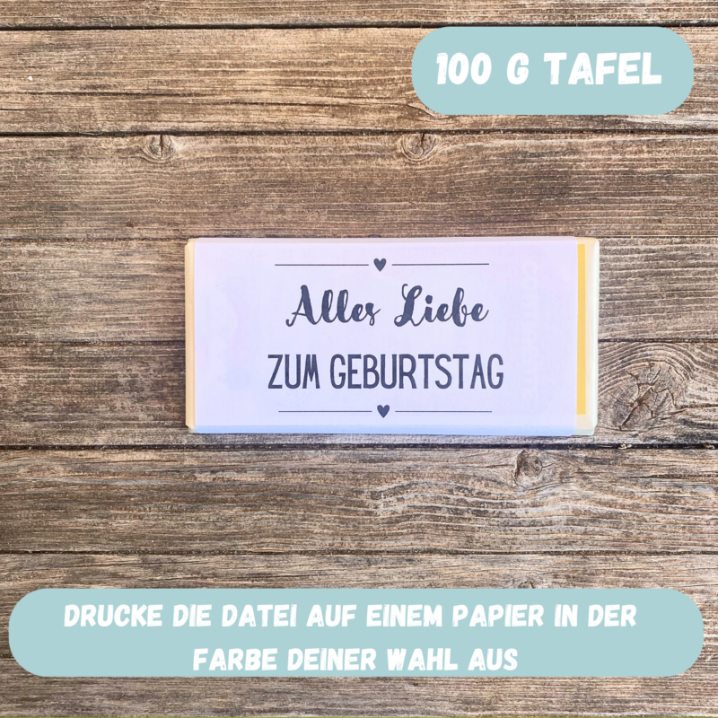 Alles Liebe zum Geburtstag - Schokoladenbanderole, Verpackung für Schokolade 100 g & 200 g Tafeln - Digitaler Download - PDF