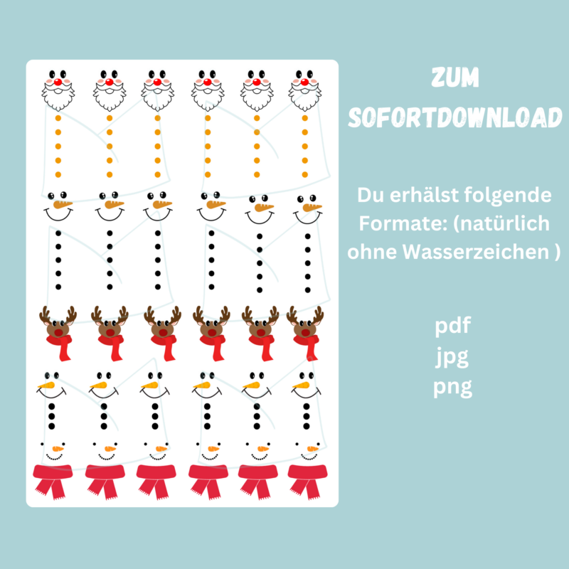 Kerzentattoo Vorlage mit weihnachtlichen Figuren - Schneemann, Nikolaus, Rentier - Druckvorlage zum selber basteln - Download
