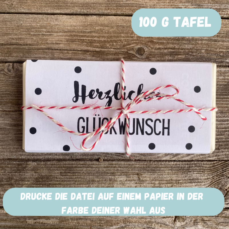 Herzlichen Glückwunsch, Verpackung für Schokolade mit Punkten 100 g & 200 g Tafeln - Digitaler Download - PDF