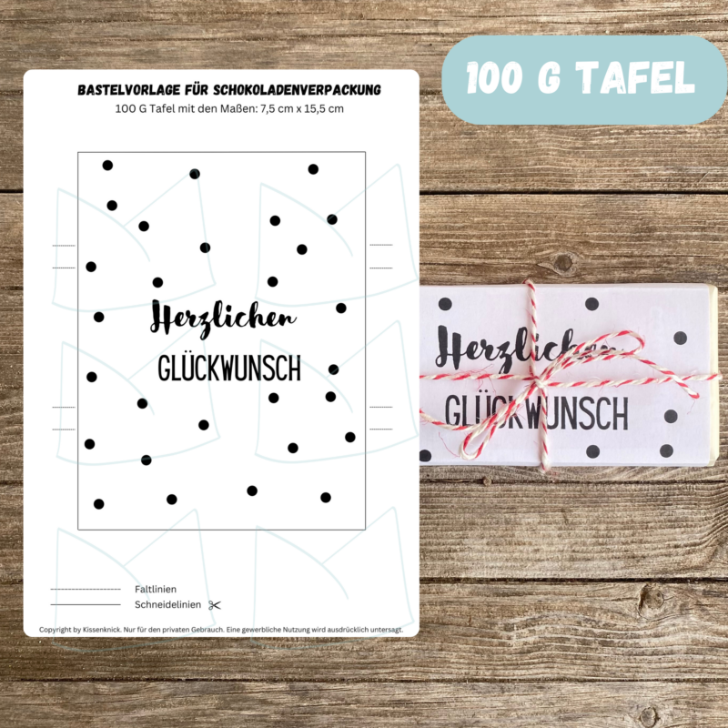 Herzlichen Glückwunsch, Verpackung für Schokolade mit Punkten 100 g & 200 g Tafeln - Digitaler Download - PDF
