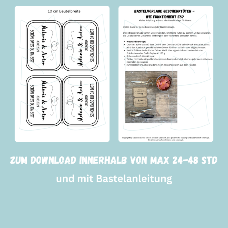 Personalisierbare Geschenktüte, Tütenverschluss - zur Hochzeit - Gastgeschenk , 3 Größen - Digitaler Download