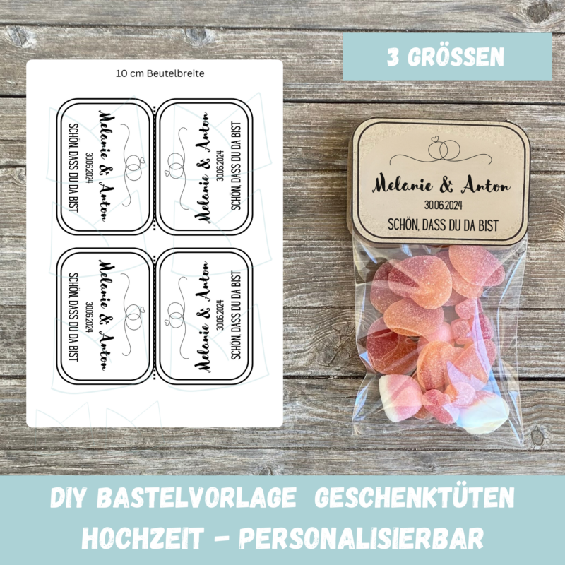 Personalisierbare Geschenktüte, Tütenverschluss - zur Hochzeit - Gastgeschenk , 3 Größen - Digitaler Download