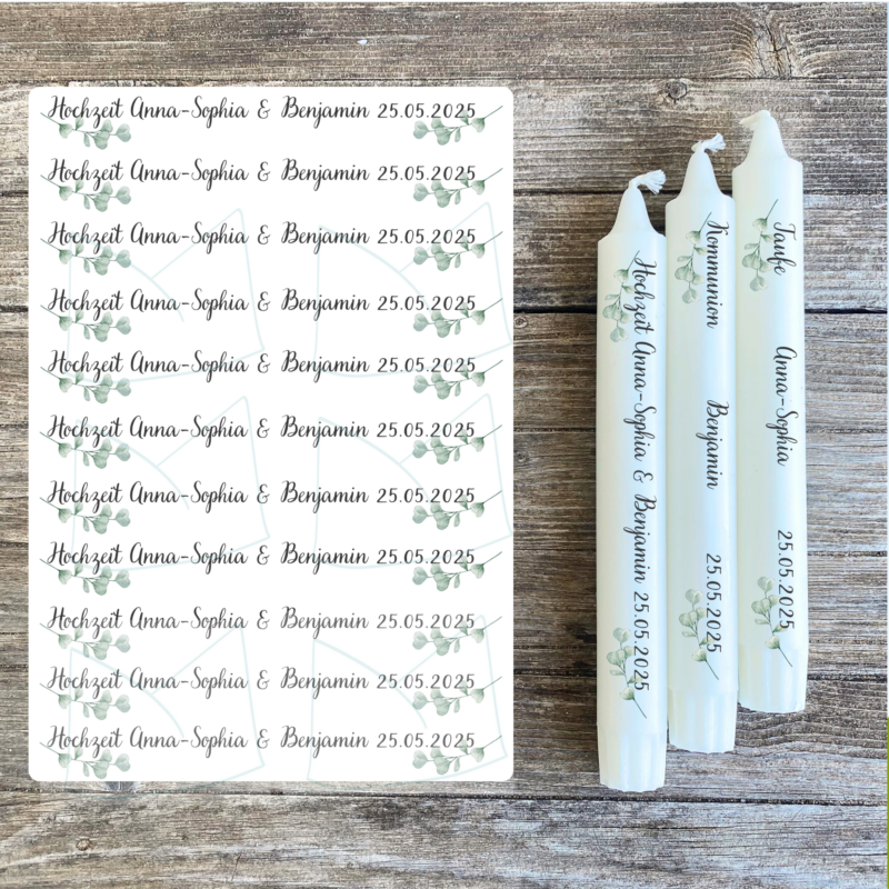 Personalisierbare Kerzentattoo Vorlage Eukalyptus - mit Wunschtext für Deinen Anlass- für Stabkerzen - Download