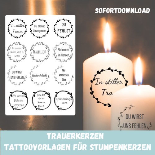 Kerzentattoo Vorlage für Trauerkerzen, Trauer - für Blockkerzen - Druckvorlage - Download