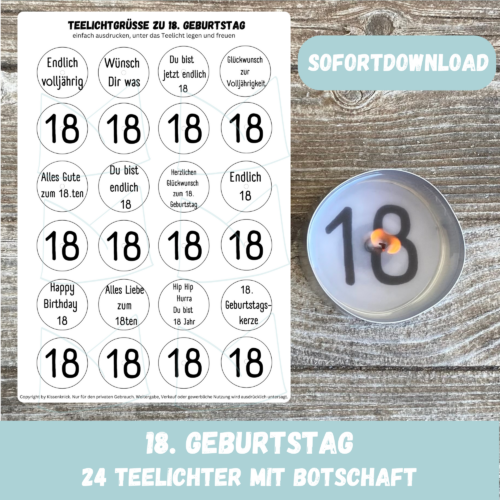 Teelicht mit Botschaft - 18. Geburtstag, Endlich volljährig - Digitaler Download