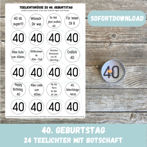 Teelicht mit Botschaft - 40. Geburtstag, runder Geburtstag - Digitaler Download