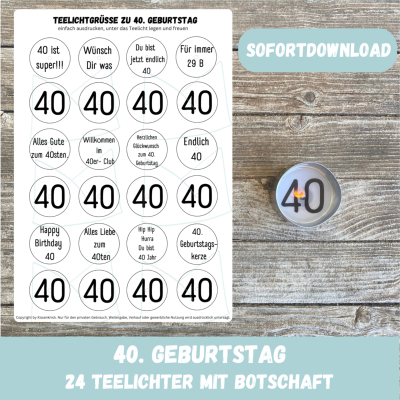 Teelicht mit Botschaft - 40. Geburtstag, runder Geburtstag - Digitaler Download