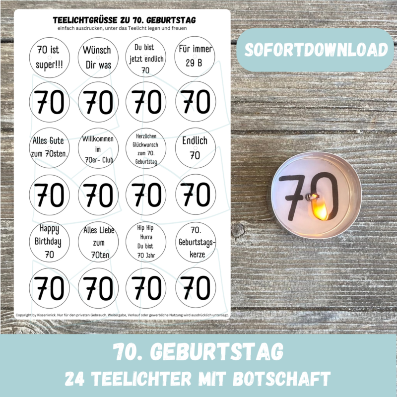 Teelicht mit Botschaft - 70. Geburtstag, runder Geburtstag - Digitaler Download