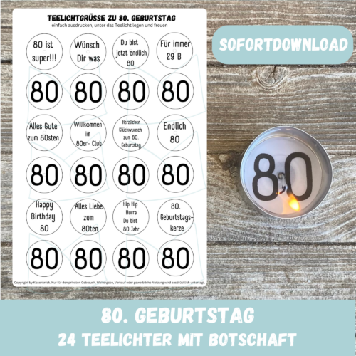 Teelicht mit Botschaft - 80. Geburtstag, runder Geburtstag - Digitaler Download