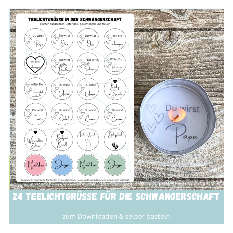 Teelicht mit Botschaft - Schwangerschaft ankündigen, Baby Party - Digitaler Download