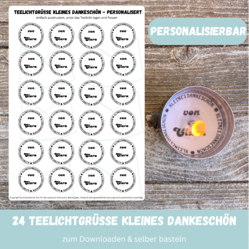 Personalisierbar - Teelicht mit Botschaft - Kleines Dankeschön, Name personalisiert - Digitaler Download