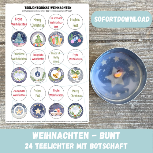 Teelicht mit Botschaft - Weihnachten, Frohe Weihnahchten, bunt - Digitaler Download