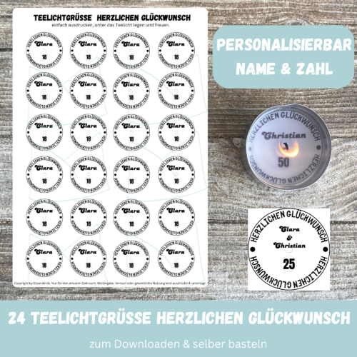 Personalisierbar - Teelicht mit Botschaft - Herzlichen Glückwunsch - Name & Zahl - Digitaler Download