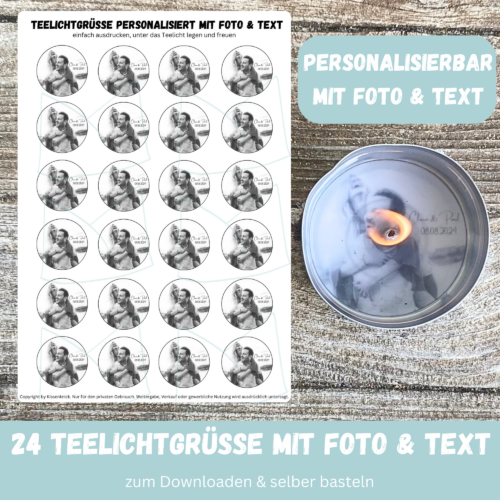 Personalisierbar - Teelicht mit Botschaft - mit Foto und Text/ schwarz/ weiss - Digitaler Download
