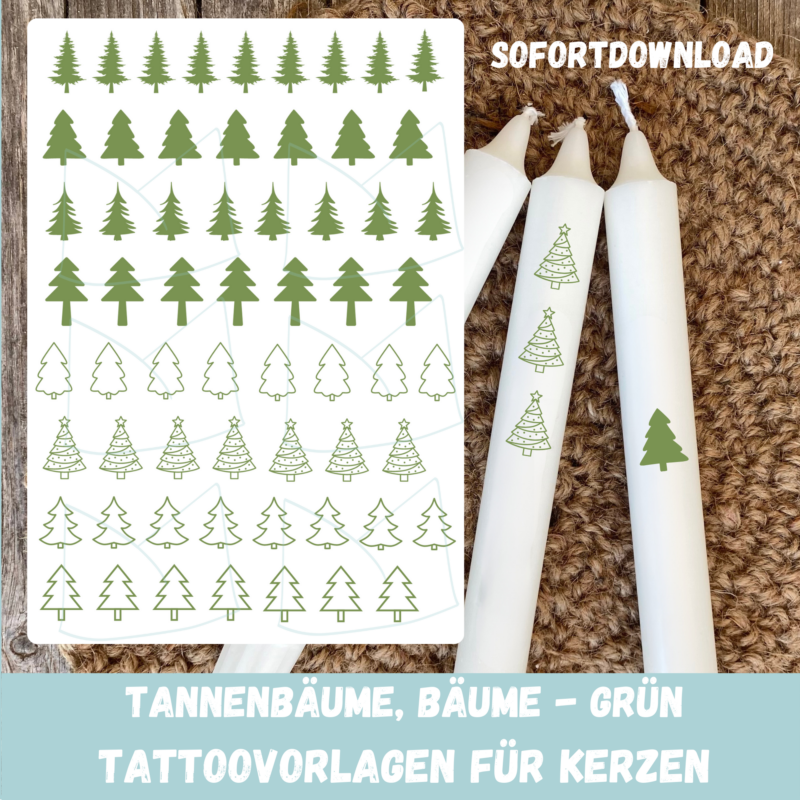 Kerzentattoo Vorlage schlichte Tannenbäume, Tannen grün, Druckvorlage zum selber basteln - Download