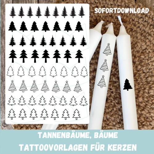 Kerzentattoo Vorlage schlichte Tannenbäume, Tannen schwarz, Druckvorlage zum selber basteln - Download