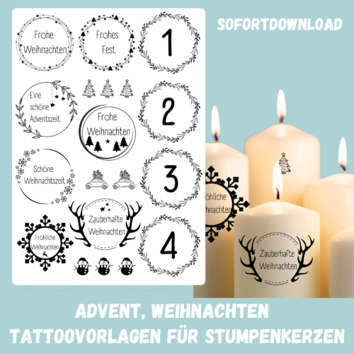 Kerzentattoo Vorlage Weihnachten, Adventskerzen - für Blockkerzen - Druckvorlage zum selber basteln - Download