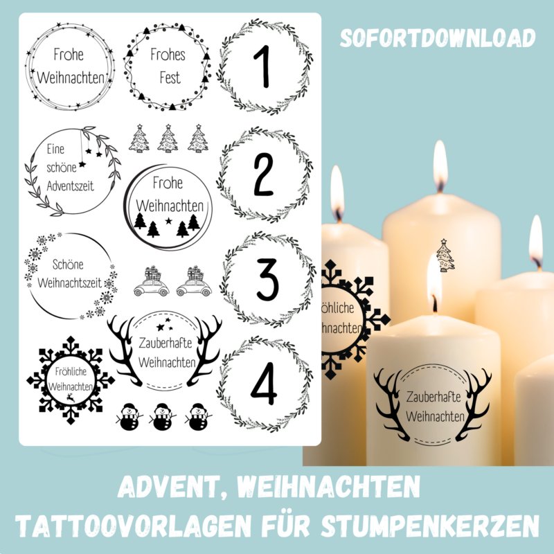 Kerzentattoo Vorlage Weihnachten, Adventskerzen - für Blockkerzen - Druckvorlage zum selber basteln - Download