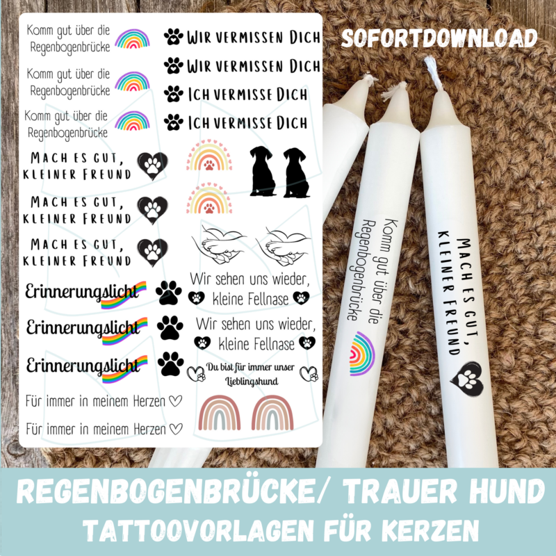 Kerzentattoo Vorlage - Regenbogenbrücke, Trauer Hund - DIY Druckvorlage - Download