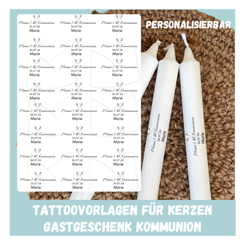 Personalisierbare Kerzentattoo Vorlage für die Kommunion - für Stabkerzen - DIY Druckvorlage