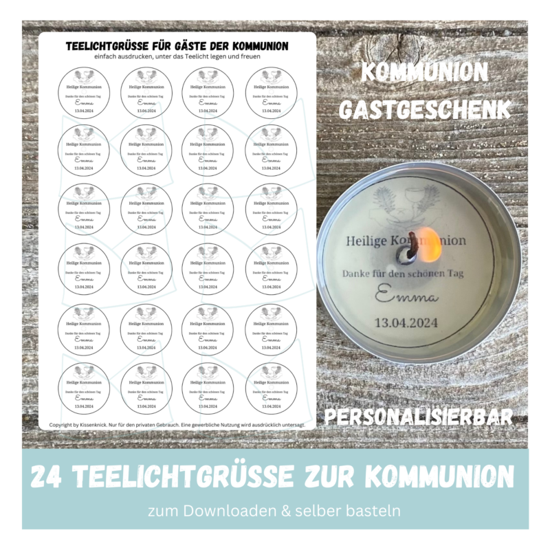 Personalisierbar - Teelicht mit Botschaft - zur Kommunion personalisiertes Gastgeschenk - Digitaler Download