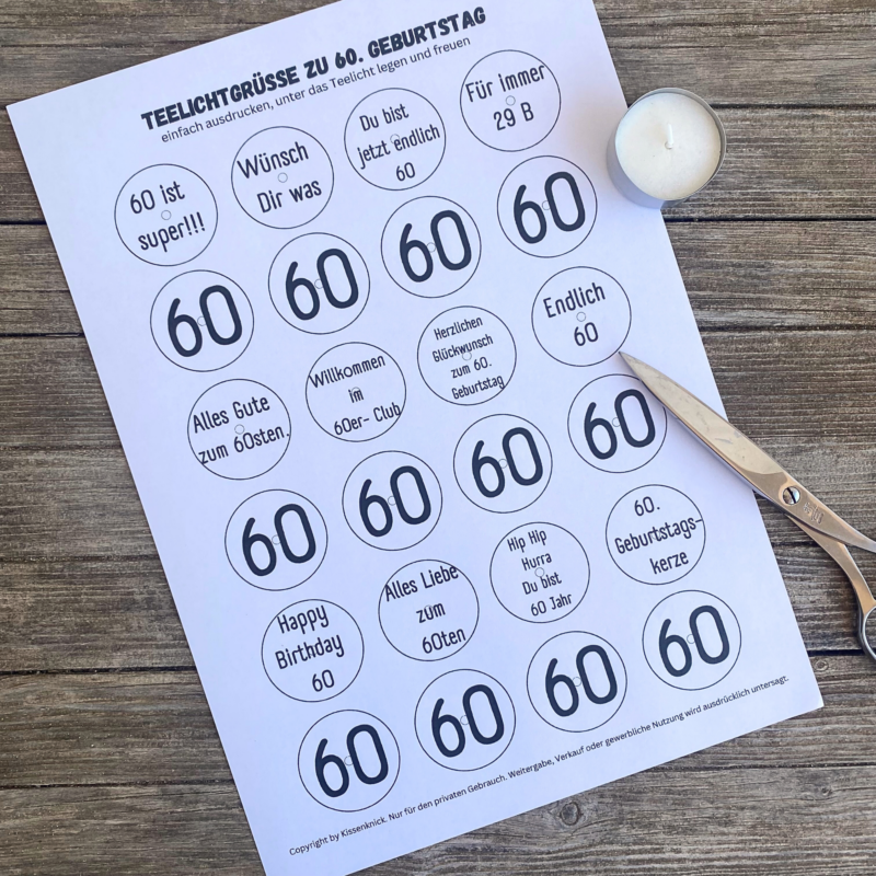 Teelicht mit Botschaft - 60. Geburtstag, runder Geburtstag - Digitaler Download