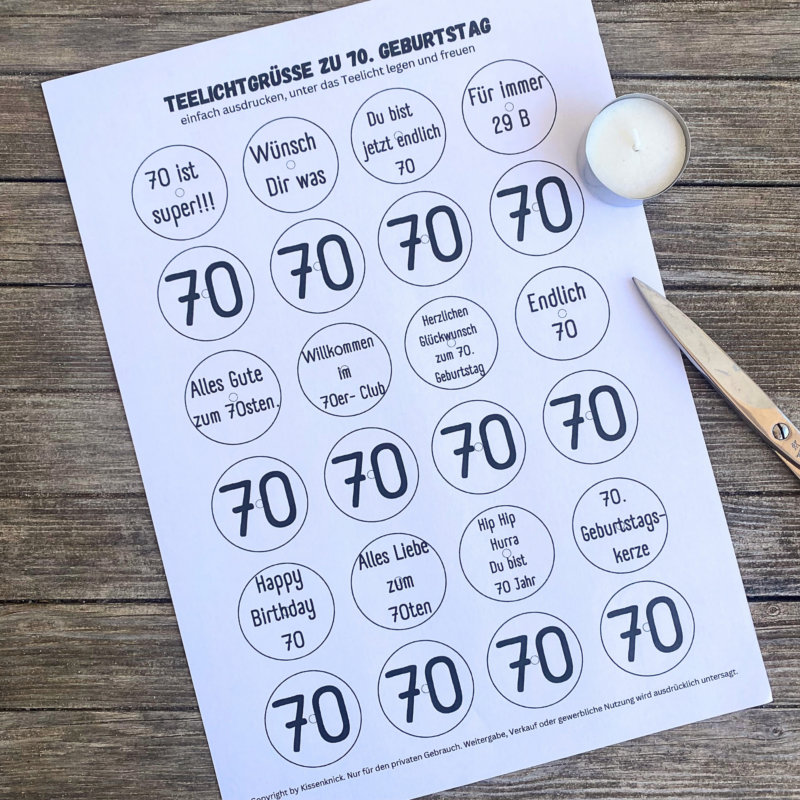 Teelicht mit Botschaft - 70. Geburtstag, runder Geburtstag - Digitaler Download
