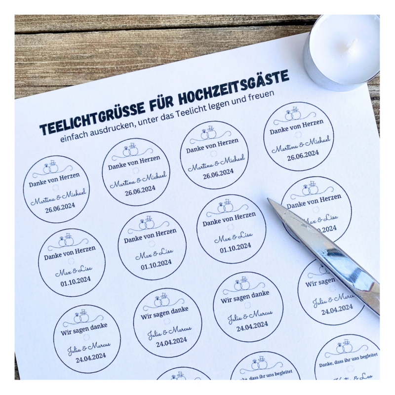 Personalisierbar - Teelicht mit Botschaft - zur Hochzeit, Hochzeitsgäste, personalisiertes Gastgeschenk - Digitaler Download