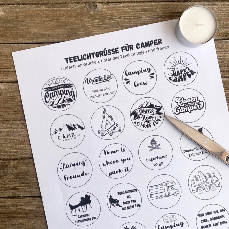 Teelicht mit Botschaft Camping, für Camper - Bastelvorlage, Digitaler Download