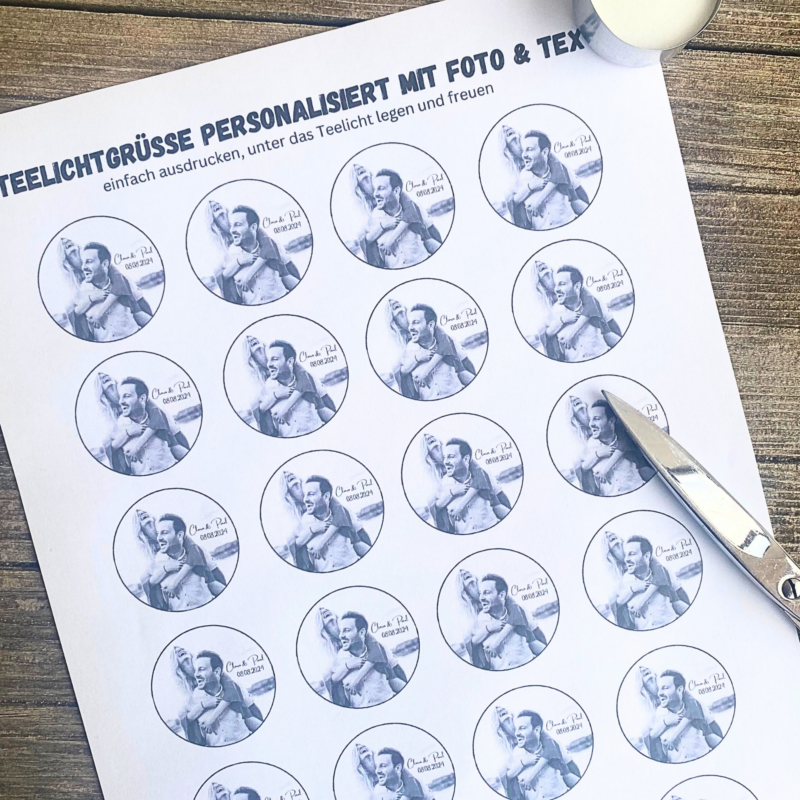 Personalisierbar - Teelicht mit Botschaft - mit Foto und Text/ schwarz/ weiss - Digitaler Download