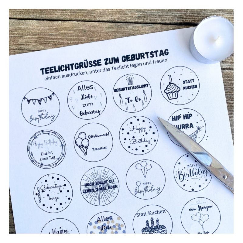 Teelicht mit Botschaft zum Geburtstag, Geburtstagsgrüsse / schwarz- Bastelvorlage, Digitaler Download
