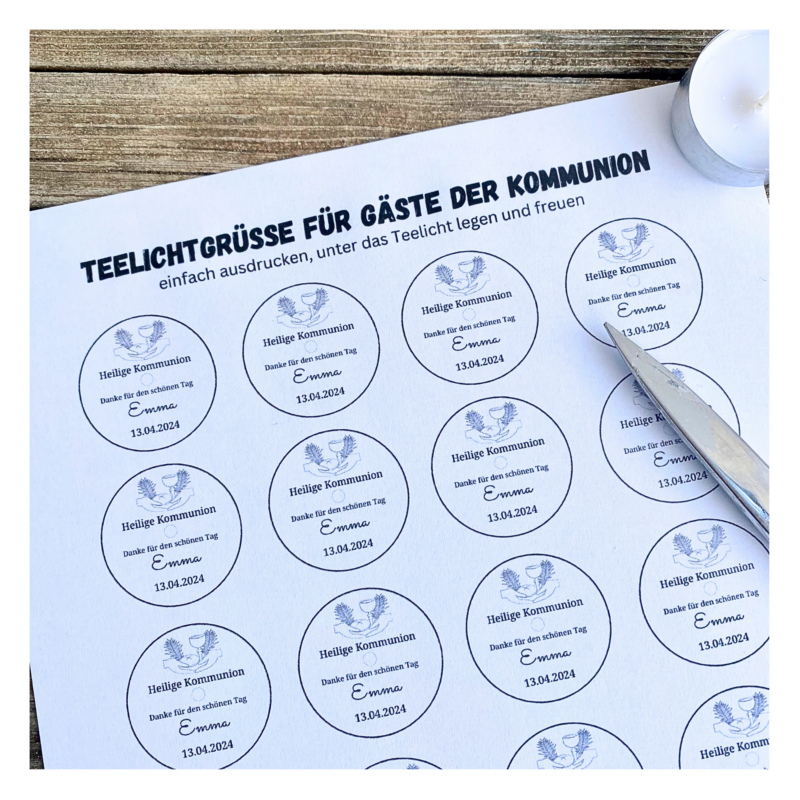 Personalisierbar - Teelicht mit Botschaft - zur Kommunion personalisiertes Gastgeschenk - Digitaler Download