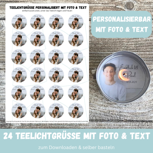 Personalisierbar - Teelicht mit Botschaft - mit Foto und Text/ Bunt - Digitaler Download