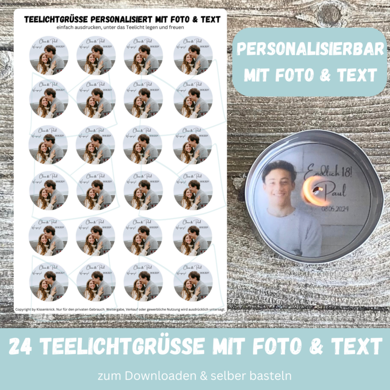 Personalisierbar - Teelicht mit Botschaft - mit Foto und Text/ Bunt - Digitaler Download