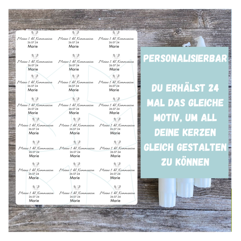 Personalisierbare Kerzentattoo Vorlage für die Kommunion - für Stabkerzen - DIY Druckvorlage
