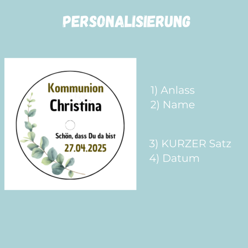 Personalisierbar - Teelicht mit Botschaft - Eukalyptus - Design, Kommunion, Taufe, Konfirmation, Hochzeit, Gastgeschenk - Digitaler Download