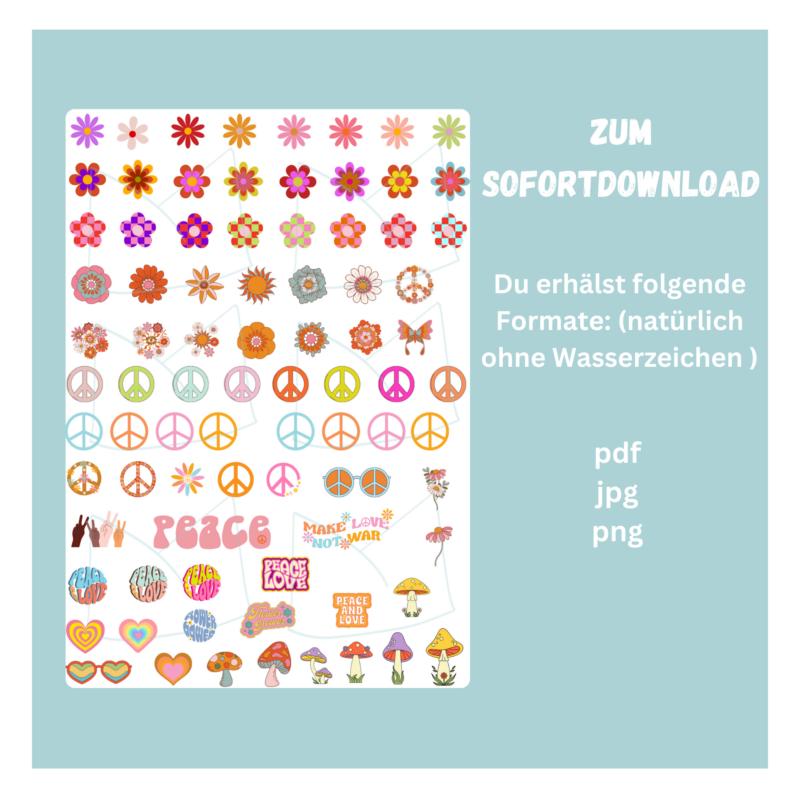 Kerzentattoo Vorlage - Peace, Love & Happiness, Retro Style - DIY Druckvorlage - Download